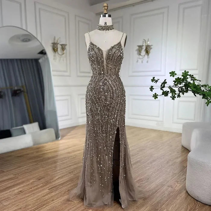 Classy Silver Nude Mermaid Spaghetti Straps Beaded Prom Dress LA72047B - SERENE HILL