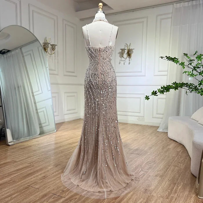 Classy Silver Nude Mermaid Spaghetti Straps Beaded Prom Dress LA72047B - SERENE HILL