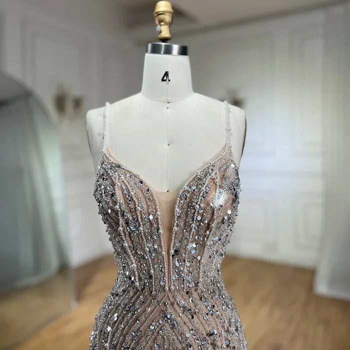 Classy Silver Nude Mermaid Spaghetti Straps Beaded Prom Dress LA72047B - SERENE HILL