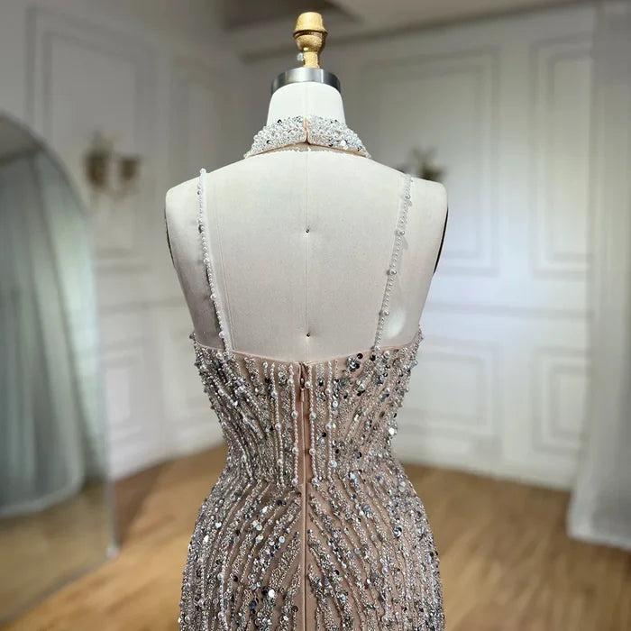 Classy Silver Nude Mermaid Spaghetti Straps Beaded Prom Dress LA72047B - SERENE HILL