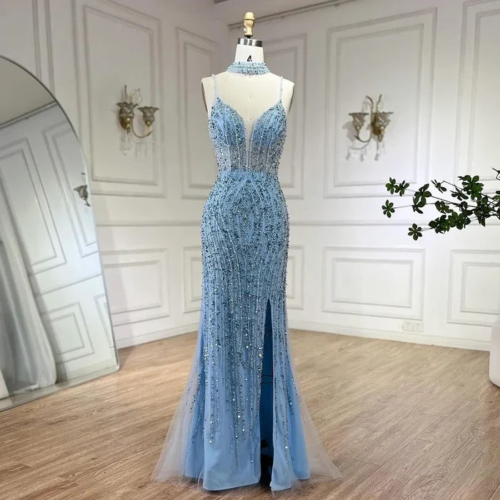 Classy Silver Nude Mermaid Spaghetti Straps Beaded Prom Dress LA72047B - SERENE HILL