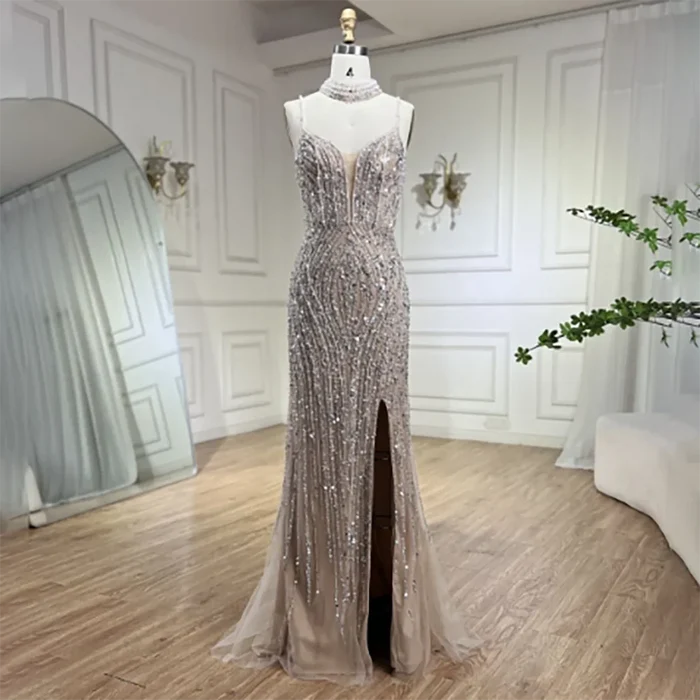 Classy Silver Nude Mermaid Spaghetti Straps Beaded Prom Dress LA72047B - SERENE HILL