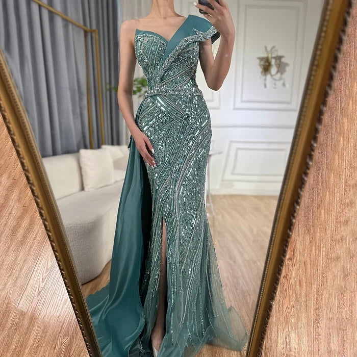 Classy Turquoise Luxury Beaded One-Shoulder Prom Dress LA72335 - SERENE HILL