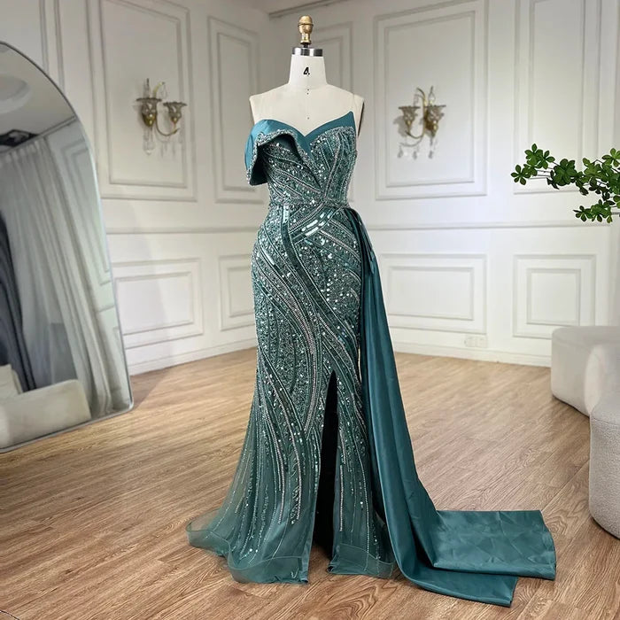 Classy Turquoise Luxury Beaded One-Shoulder Prom Dress LA72335 - SERENE HILL