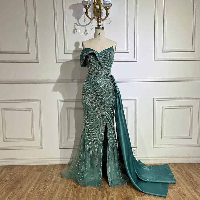 Classy Turquoise Luxury Beaded One-Shoulder Prom Dress LA72335 - SERENE HILL