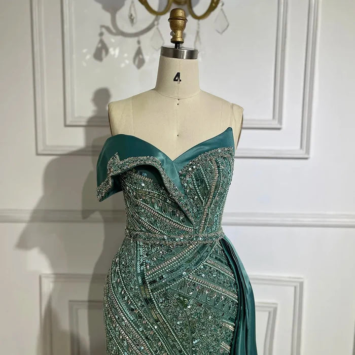 Classy Turquoise Luxury Beaded One-Shoulder Prom Dress LA72335 - SERENE HILL