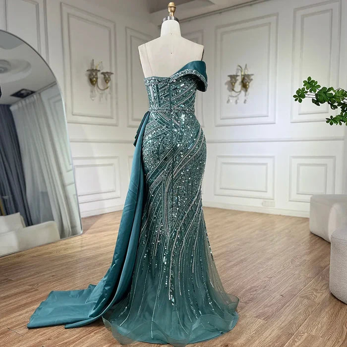 Classy Turquoise Luxury Beaded One-Shoulder Prom Dress LA72335 - SERENE HILL