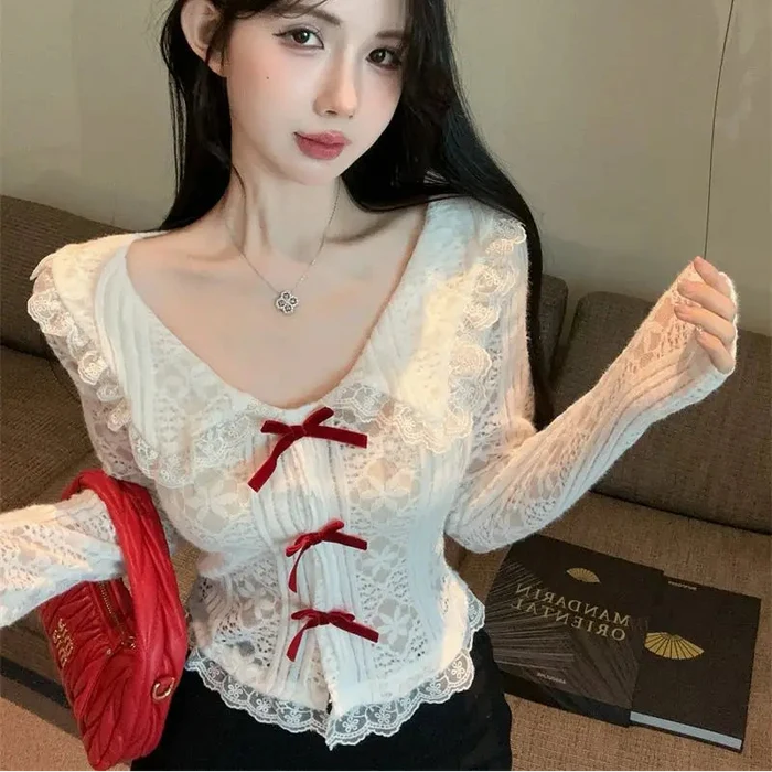 Collar Lace Long Sleeve Top - Fashionnsio