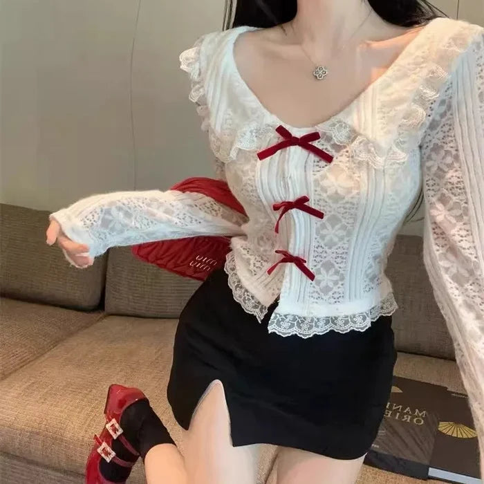 Collar Lace Long Sleeve Top - Fashionnsio