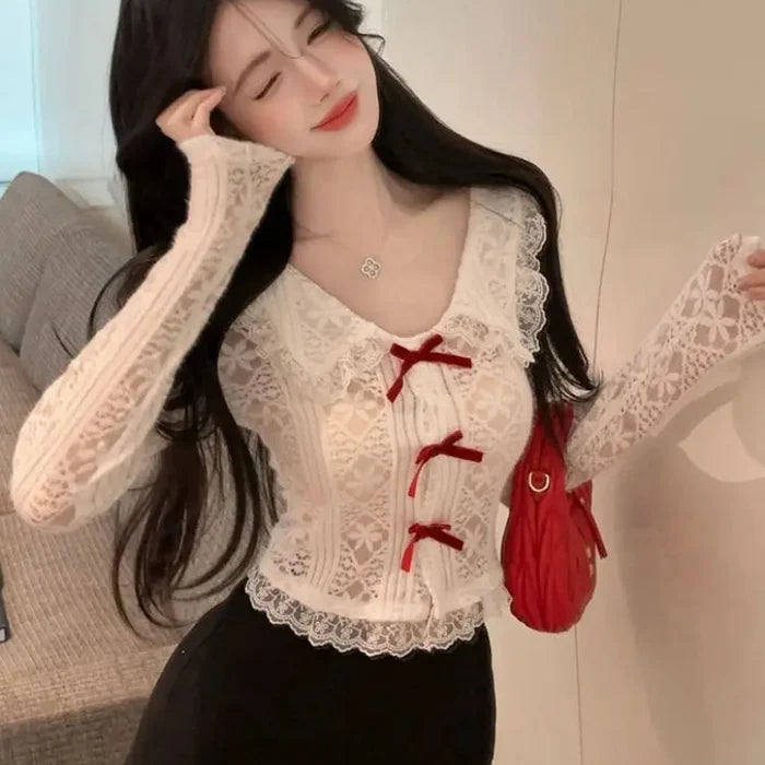 Collar Lace Long Sleeve Top - Fashionnsio