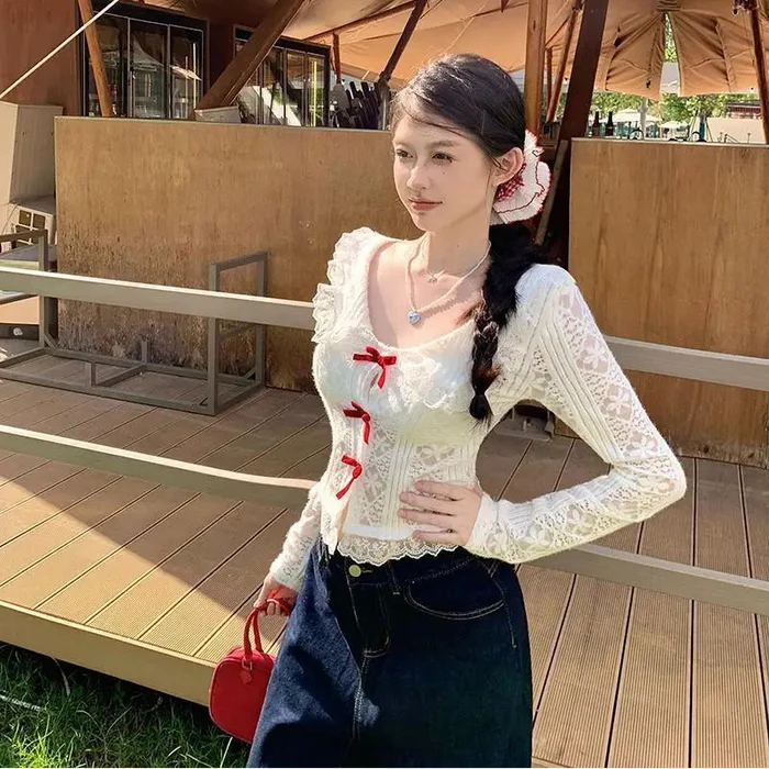 Collar Lace Long Sleeve Top - Fashionnsio