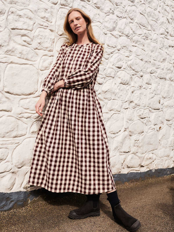 Collarless Gingham Midi Dress