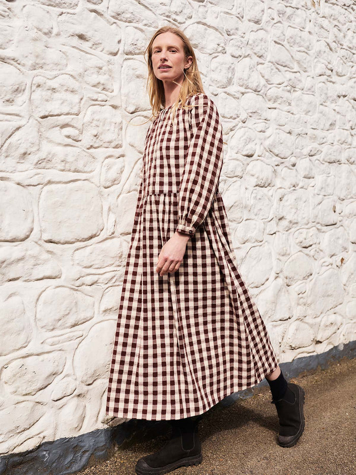 Collarless Gingham Midi Dress