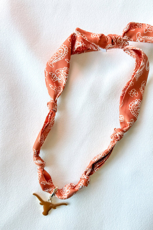 College Bandana Scarf Necklace, College Game Day, Game Day Outfit, Necklace, Accessories, Bandana Scarf, Adeline Boutique, Dallas Boutique, Boutique Jewelry, UT Longhorns Accessories