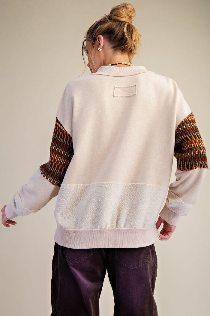 CROCHET MIX PULLOVER, OATMEAL