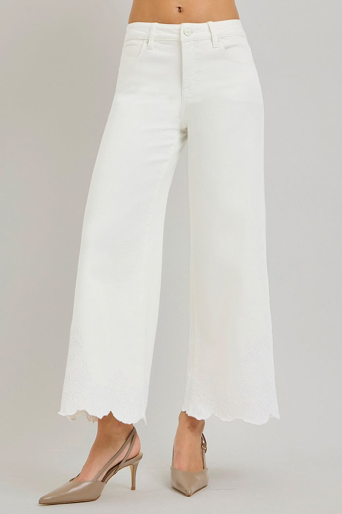 Crop Wide Leg Embroidered Hem Jeans