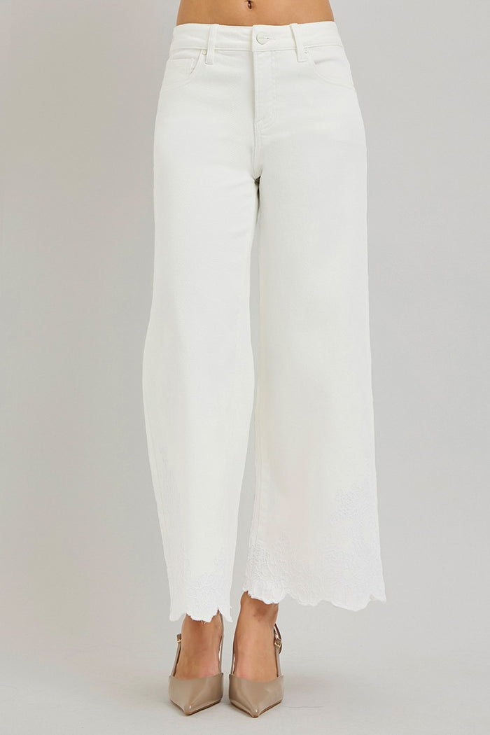 Crop Wide Leg Embroidered Hem Jeans