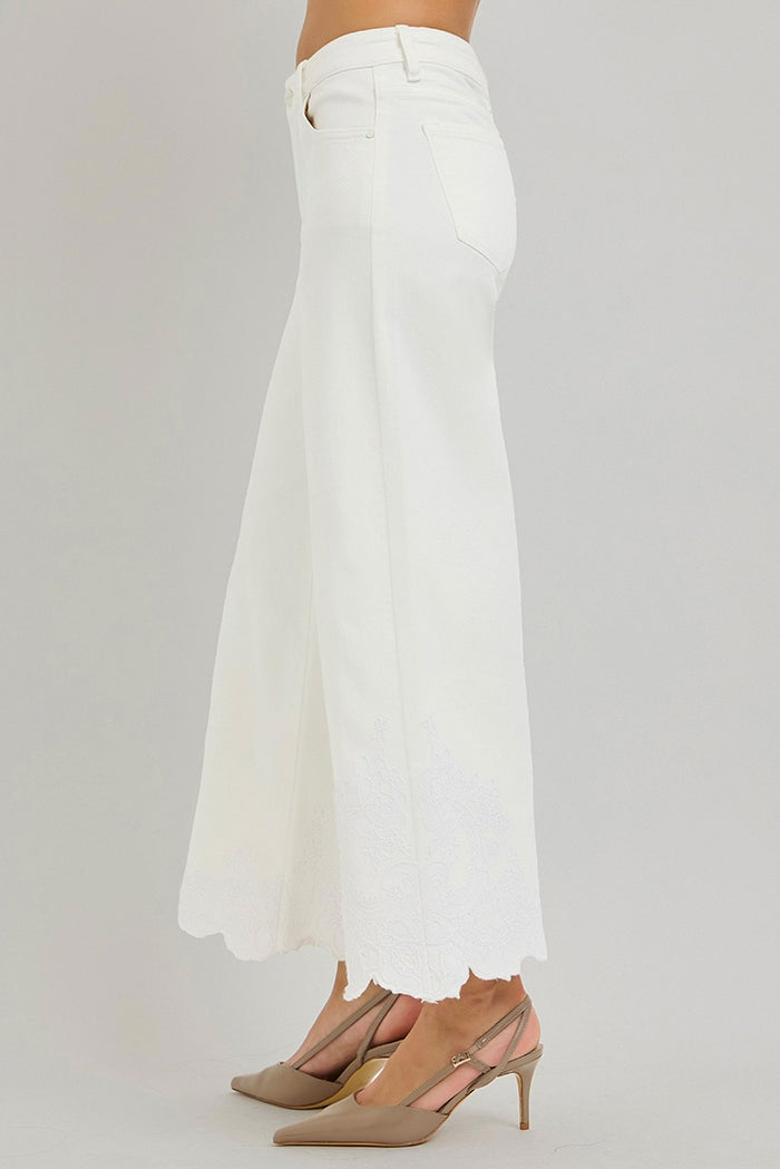Crop Wide Leg Embroidered Hem Jeans
