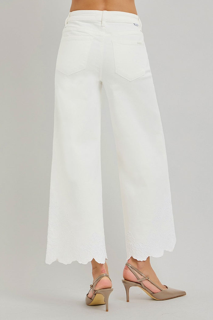 Crop Wide Leg Embroidered Hem Jeans