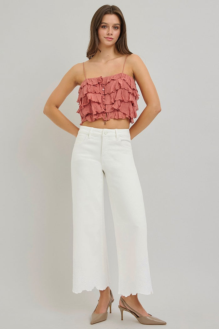Crop Wide Leg Embroidered Hem Jeans