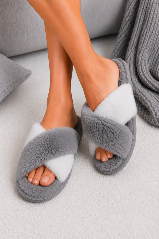 Cross Faux Fur Slippers - Grey