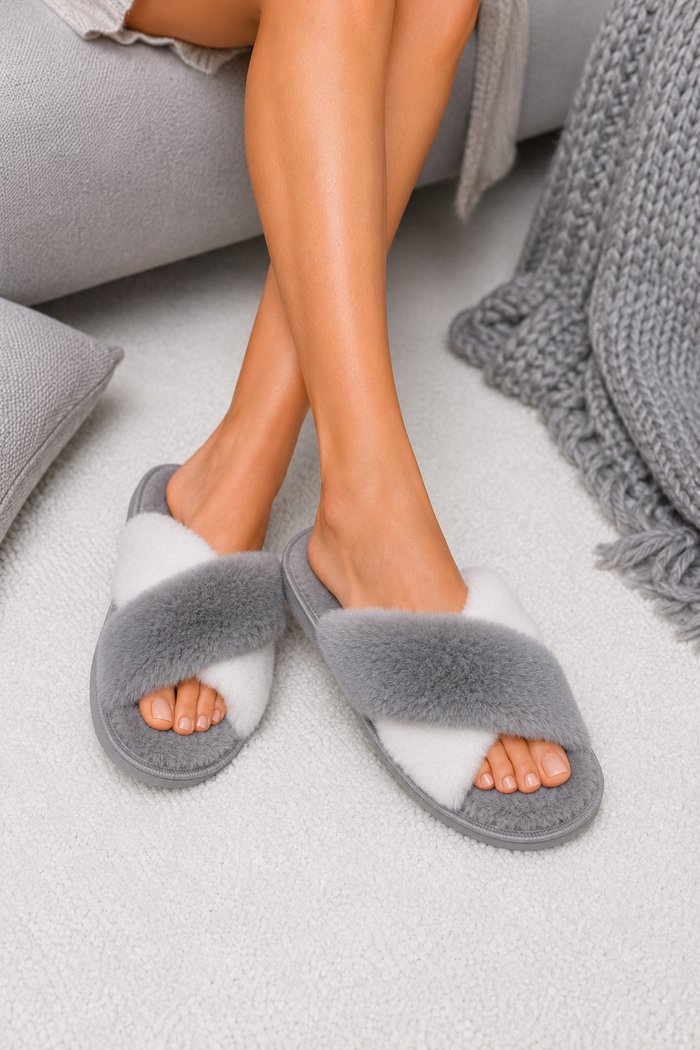 Cross Faux Fur Slippers - Grey