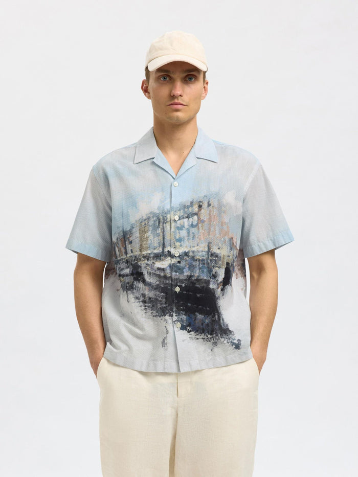 Cuban Collar Printed Shirt - Blue