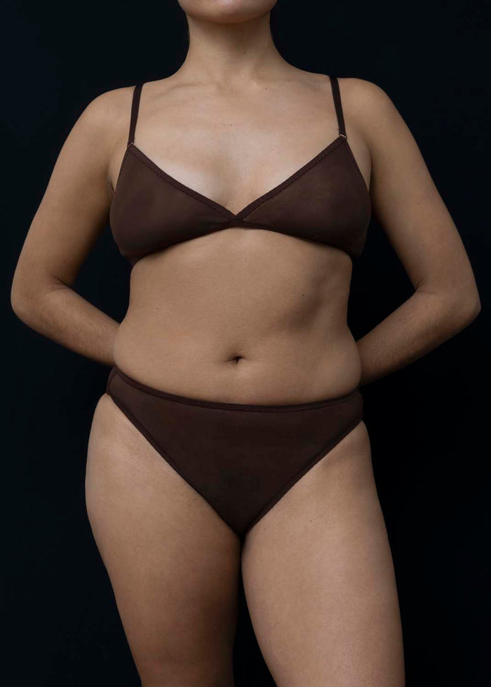 Front View of Kye Intimates Daily Triangle Bra in Cocoa. Mesh classic triangle bra/bralette.