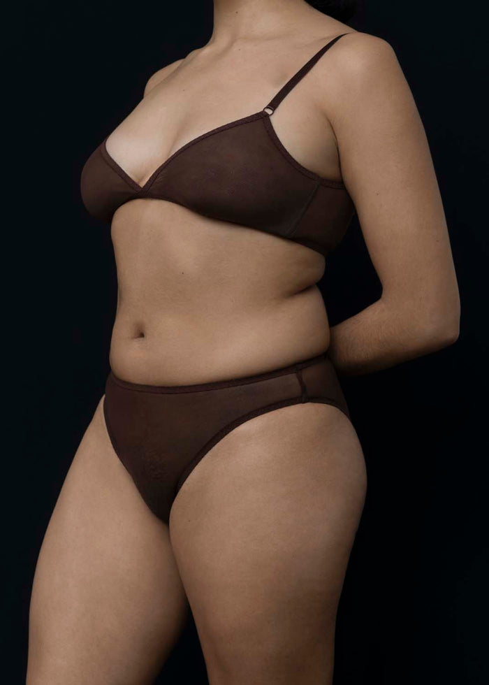 Front View of Kye Intimates Daily Triangle Bra in Cocoa. Mesh classic triangle bra/bralette.