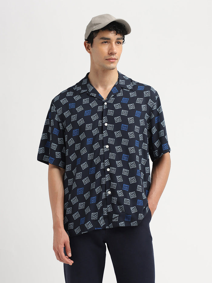 Dark Blue Printed Relaxed Fit Shirt
