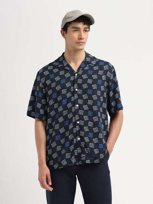 Dark Blue Printed Relaxed Fit Shirt