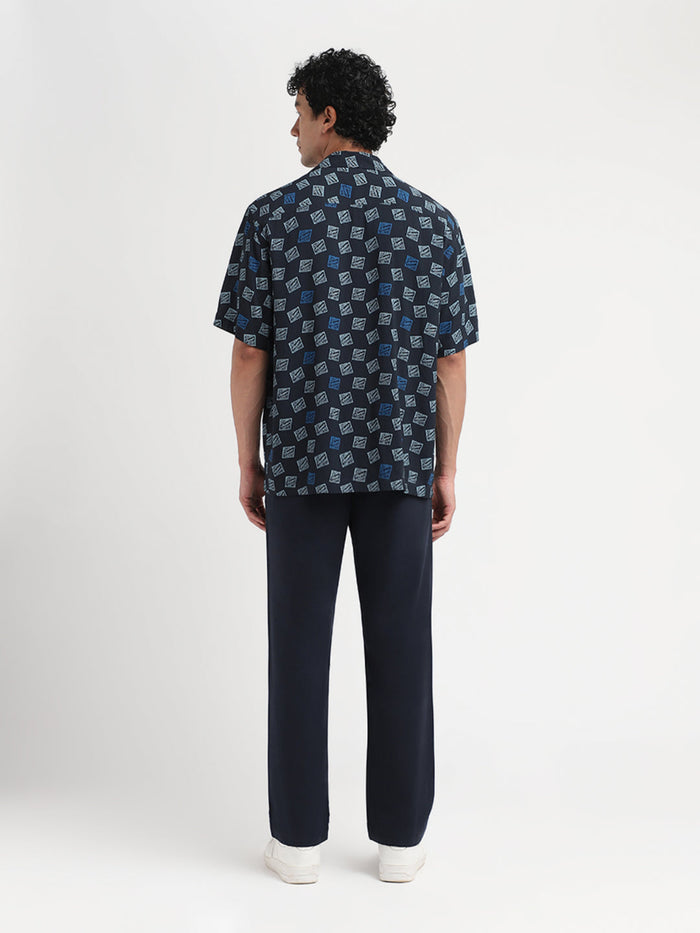 Dark Blue Printed Relaxed Fit Shirt