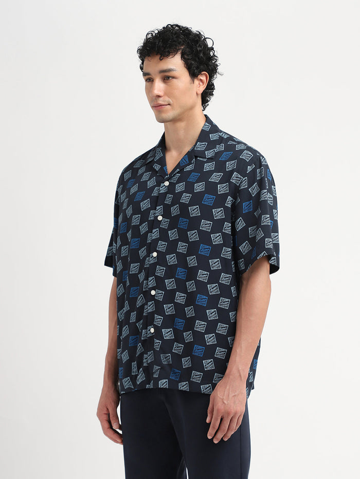 Dark Blue Printed Relaxed Fit Shirt