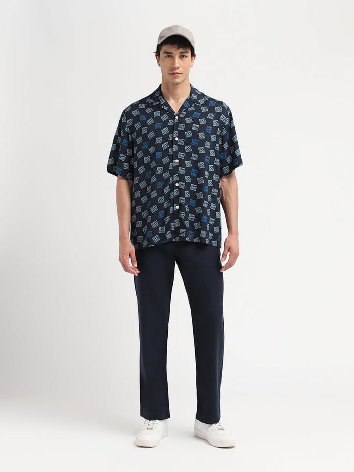 Dark Blue Printed Relaxed Fit Shirt