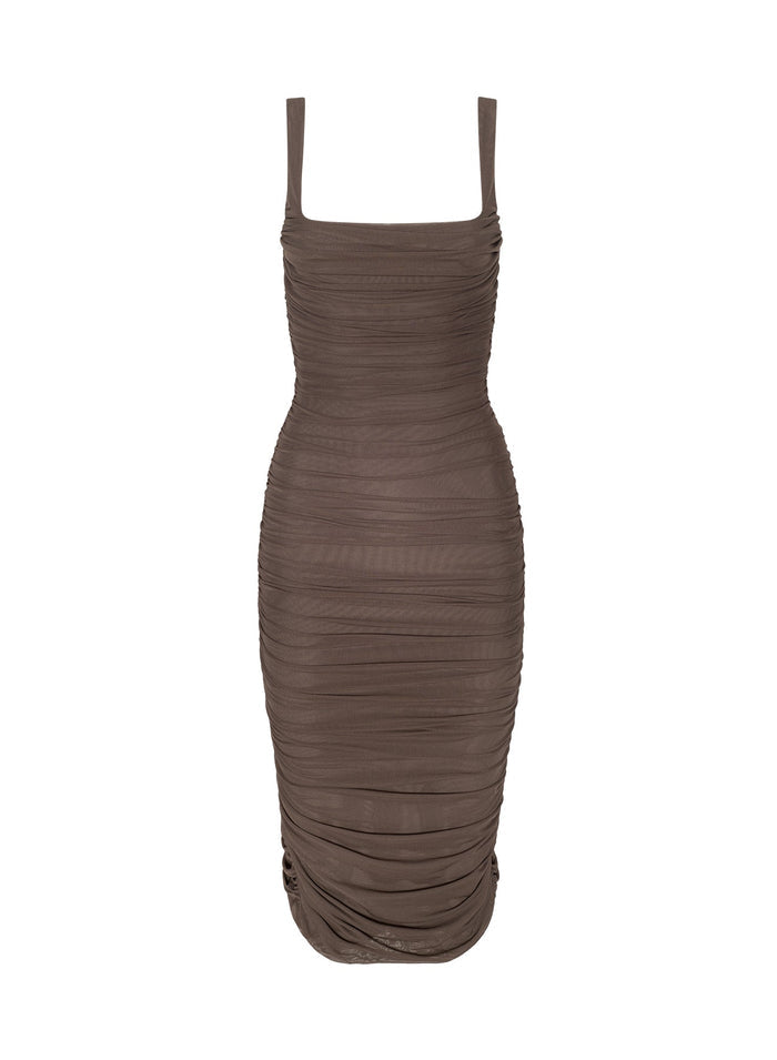 DARK CARDAMOM ANYA SHIRRED MIDI DRESS - Amor Lafayette