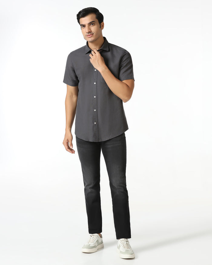 Dark Grey Half Sleeve Linen Solid Shirt - Salmon