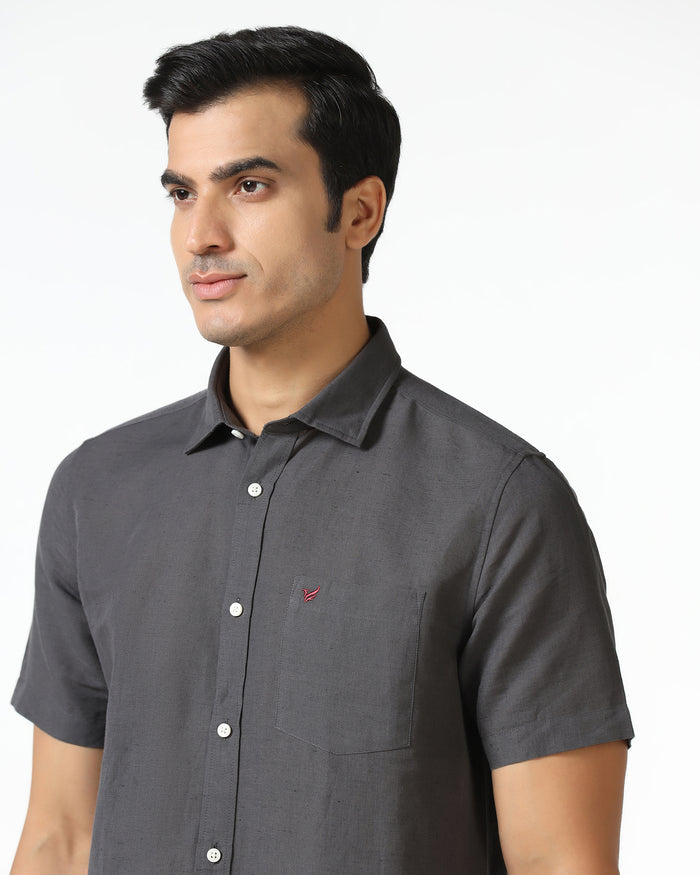 Dark Grey Half Sleeve Linen Solid Shirt - Salmon