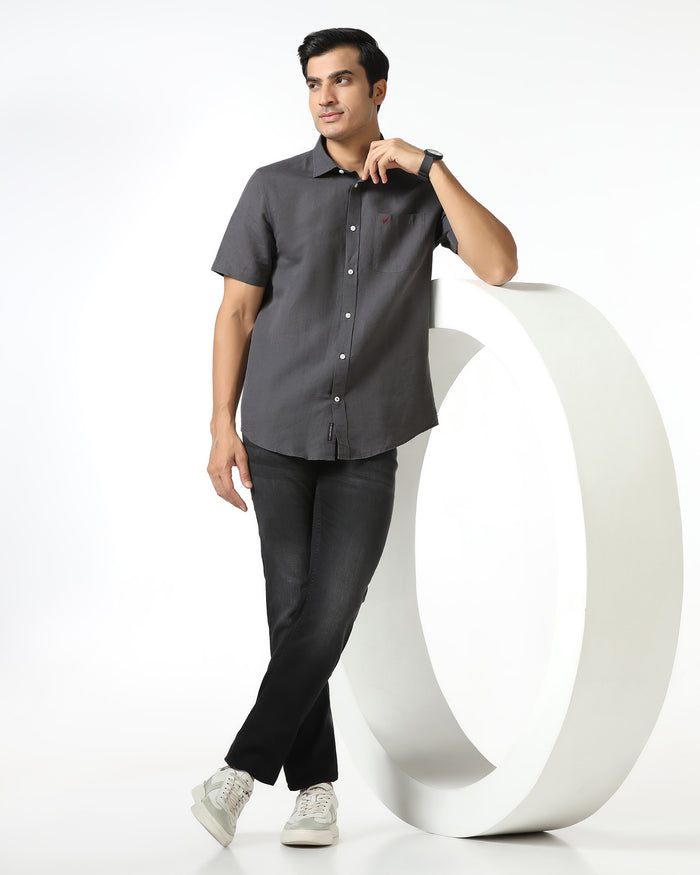 Dark Grey Half Sleeve Linen Solid Shirt - Salmon