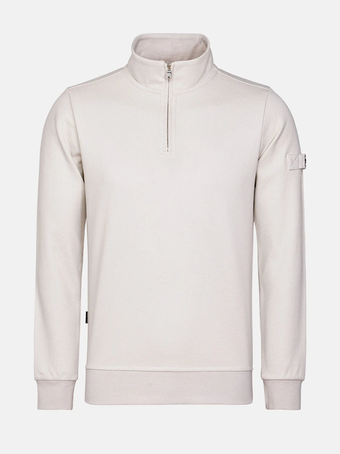 Front view of light beige Milburn Sweater with zipper. – Wam Denim.