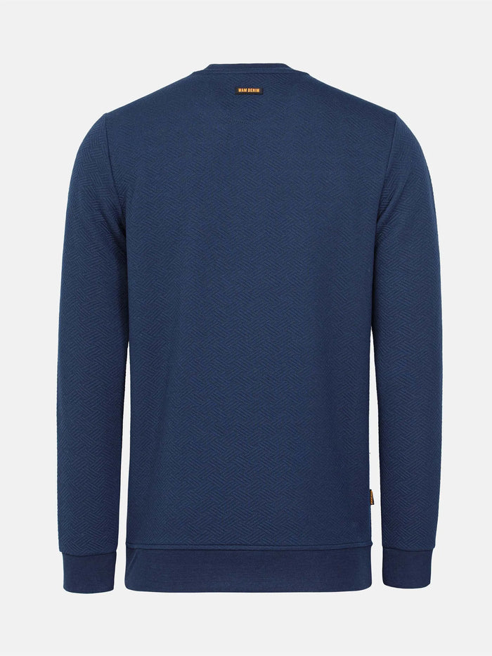 Back view of navy Moorland Sweater with logo detail. – Wam Denim.
