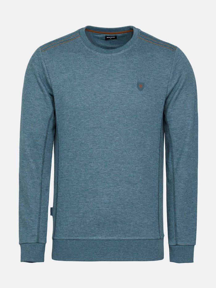 Men’s rustic petrol crew neck sweater with textured knit and chest logo – Wam Denim.