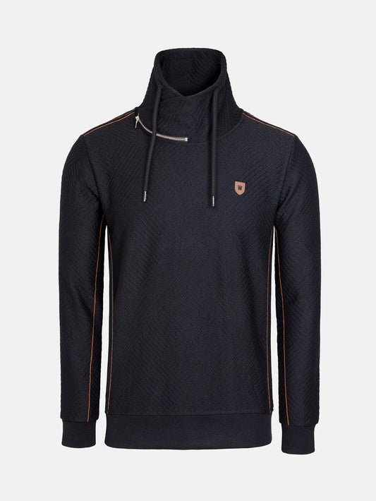 Black high-neck sweater with zipper detail and brown stitching accents – Wam Denim.