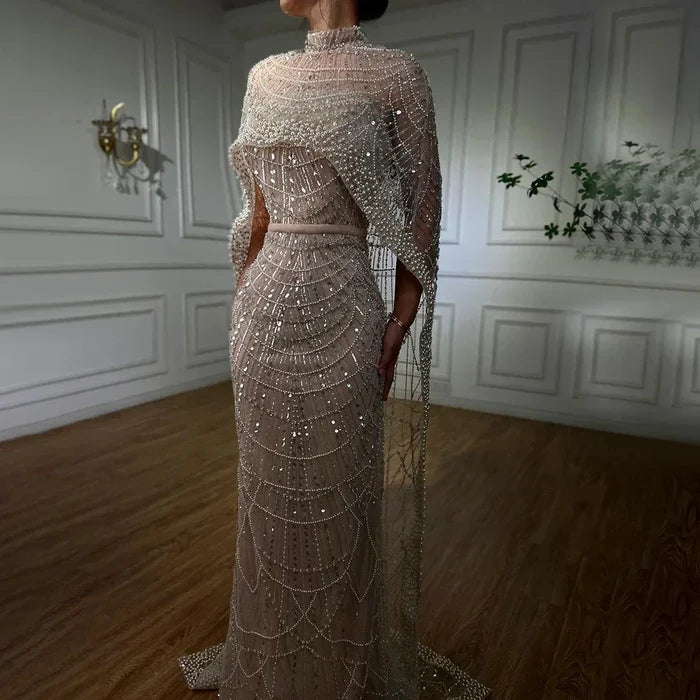 Designer Nude Mermaid Long Cape Luxury Evening Dress LA72032 - SERENE HILL