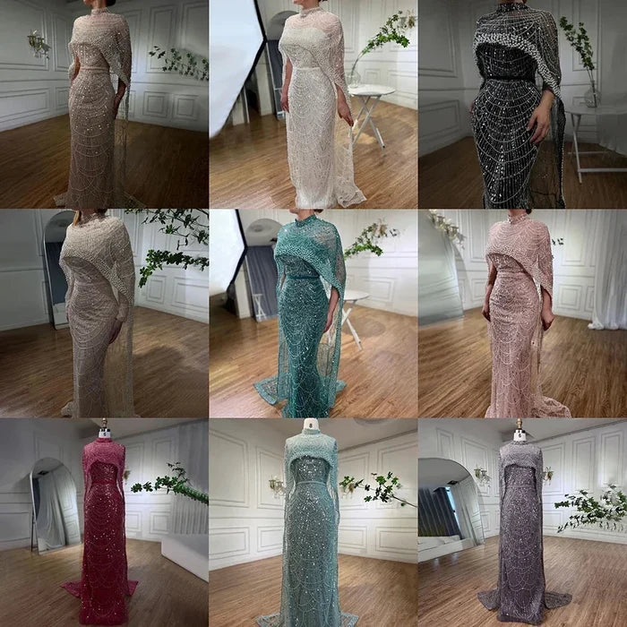 Designer Nude Mermaid Long Cape Luxury Evening Dress LA72032 - SERENE HILL