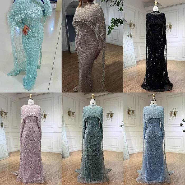 Designer Nude Mermaid Long Cape Luxury Evening Dress LA72032 - SERENE HILL