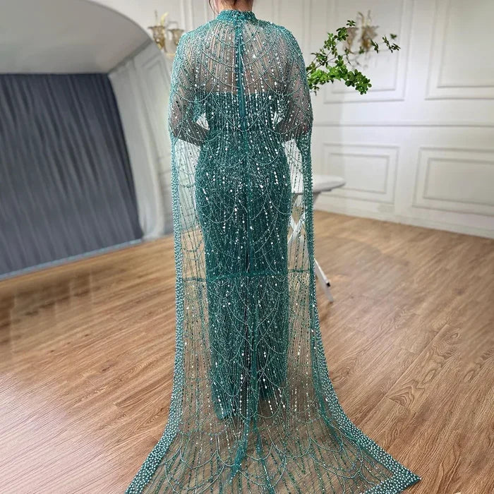 Designer Nude Mermaid Long Cape Luxury Evening Dress LA72032 - SERENE HILL