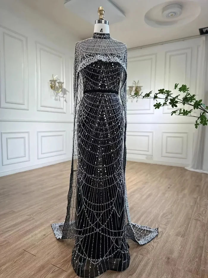 Designer Nude Mermaid Long Cape Luxury Evening Dress LA72032 - SERENE HILL