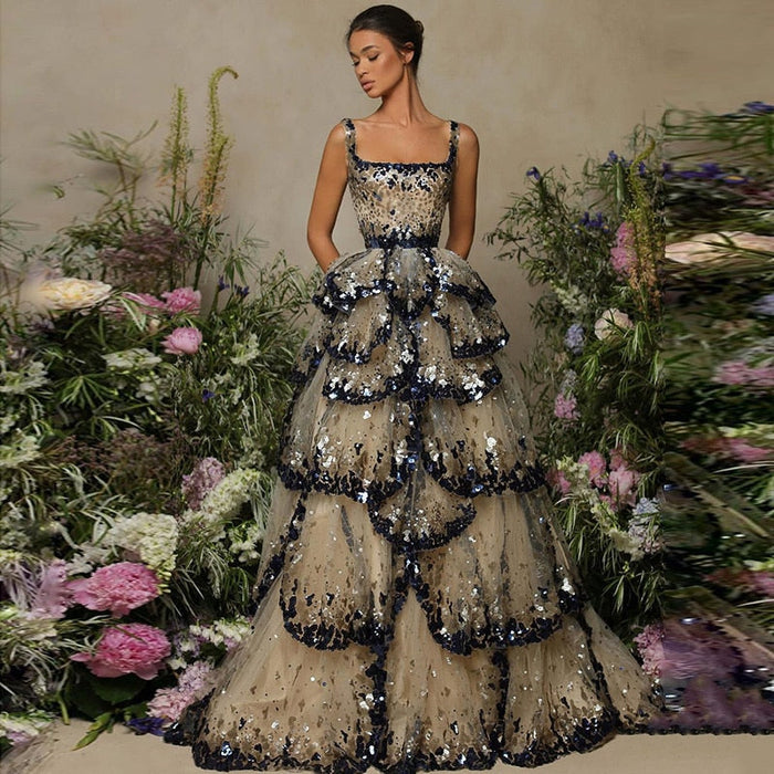 Designer Sparkly Sequin Tiered Ruffles Ball Gown Evening Dress LA72505 - SERENE HILL