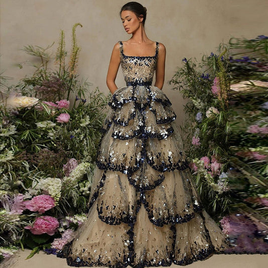 Designer Sparkly Sequin Tiered Ruffles Ball Gown Evening Dress LA72505 - SERENE HILL