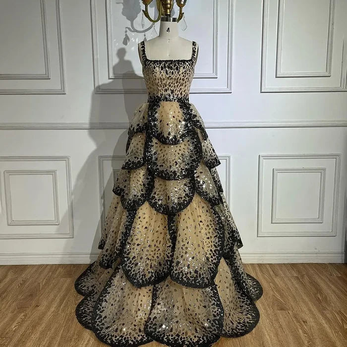 Designer Sparkly Sequin Tiered Ruffles Ball Gown Evening Dress LA72505 - SERENE HILL